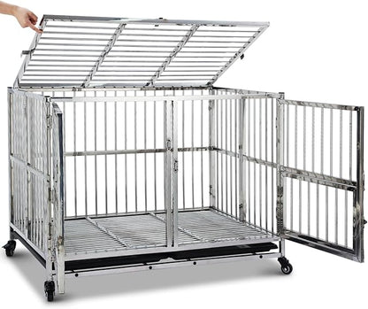 48"(Update) Heavy Duty Dog Crate Cage Kennel with Wheels, Full Stainless Steel High Anxiety Indestructible Dog Crate, Sturdy Locks Design, Double Door Small Door Design & Removable Tray Design