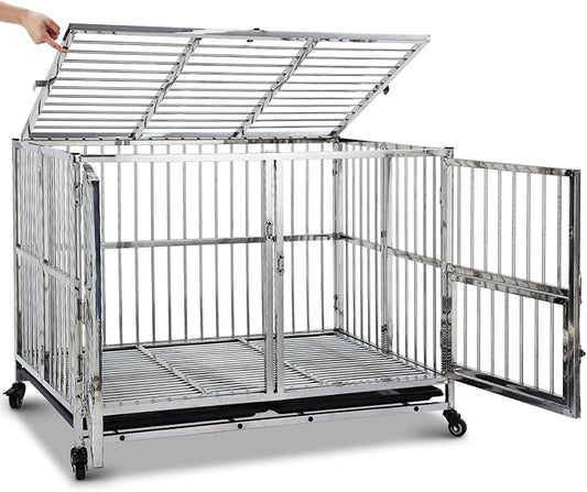 48"(Update) Heavy Duty Dog Crate Cage Kennel with Wheels, Full Stainless Steel High Anxiety Indestructible Dog Crate, Sturdy Locks Design, Double Door Small Door Design & Removable Tray Design