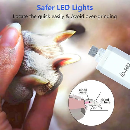 Dog Nail Grinder with Light Dog Nail Trimmers Quiet Powerful 2-Speed Rechargeable Electric Pet Nail Grinder File Toenail Clippers for Large Medium Small Dogs & Cats (White+Charging Cable)
