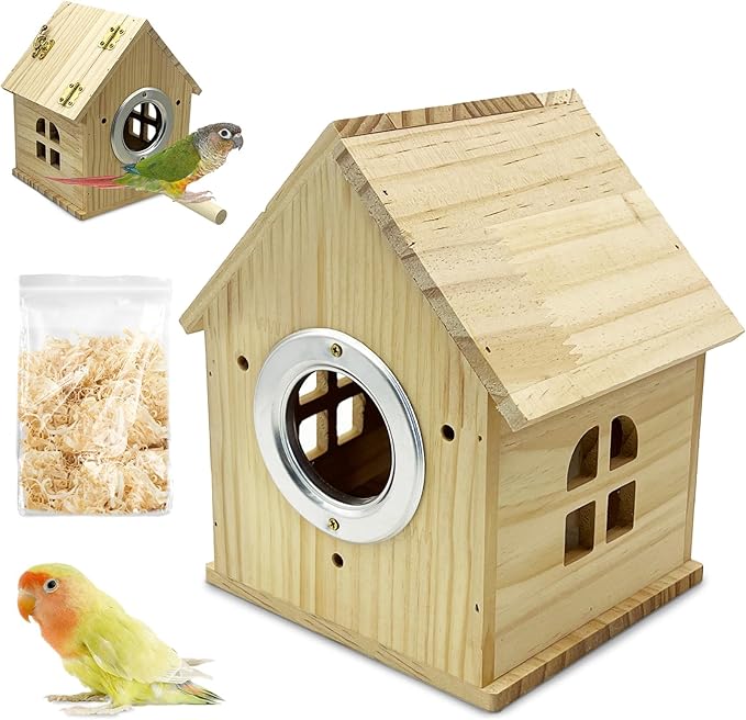 PINVNBY Parakeet Nesting Box Wooden Bird House for Cage Parrot Breeding Mating Box for Lovebirds Cockatiel Finch Cockatoo Canary and Small and Medium-Sized Birds (M: 7.91 * 6.3 * 5.82 inch)