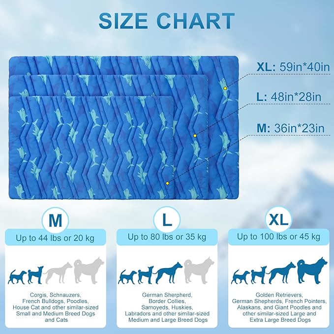 BEAUTYZOO Dog Cooling Mat- Upgraded Thicken Cooling Mat for Large Dogs Reversible(Cool & Warm) Pet Ice Cool Bed Washable & Portable, Summer Crate Pad for Big Dog Puppy Up to 80 lbs, Shark Blue 48X28IN