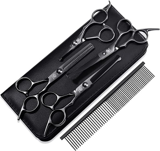 Dog Grooming Scissors Kit with Safety Round Tips, GLADOG Professional 6 in 1 Grooming Scissors for Dogs, Sharp and Heavy-duty Dog Grooming Shears for Dogs Cats