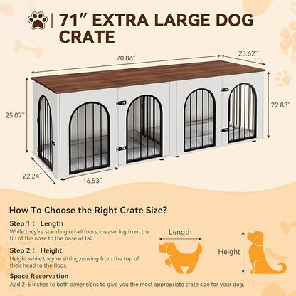 71" Large Dog Crate Furniture for 2 Dogs, Wooden Double Dog Crate with Door, Indoor Dog Kennel TV Stand with Divider and Cushion for Large Medium Dogs,White/Brown