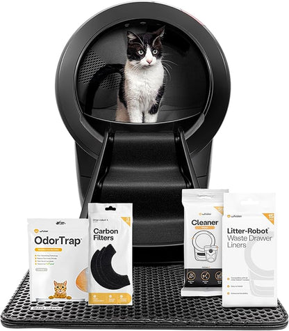 Litter-Robot 4 Supply & Accessory Bundle by Whisker, Black- Automatic Self-Cleaning Cat Litter Box, Includes Litter-Robot 4, Ramp, Mat, 3 OdorTrap Packs, 10 Liners, 30 Wipes, & 2 Carbon Filters