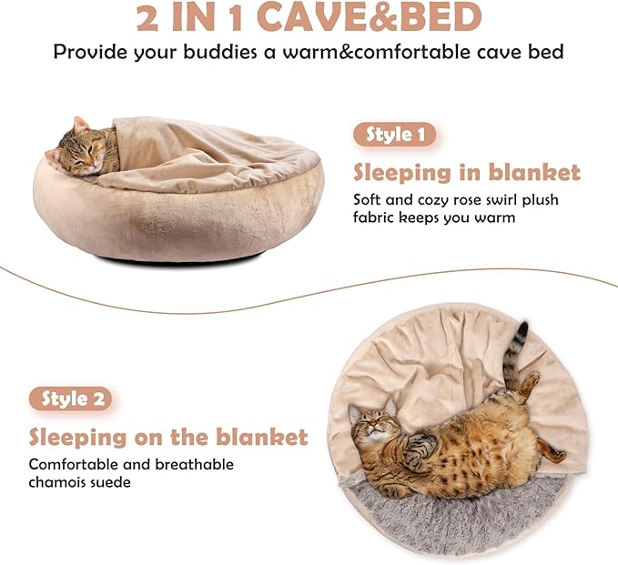 JOEJOY Dog Beds for Small Medium Dogs, Cozy Cuddler Luxury Puppy Pet Bed with Blanket Attached, Donut Round Calming Anti-Anxiety Dog Burrow Cave Bed - Anti-Slip Bottom and Machine Washable 26 inch