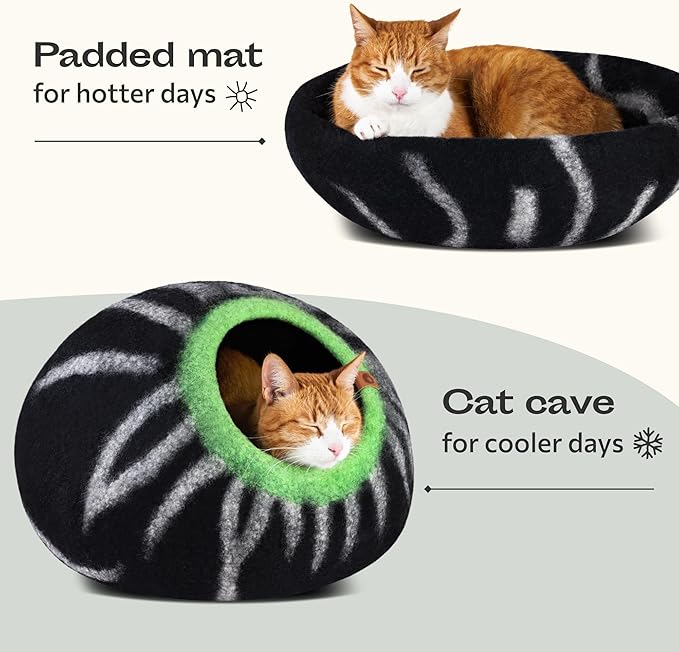 MEOWFIA Cat Cave  Premium Felt Cat Bed for Indoor Cats, Handmade 100% Merino Wool (Large, Shining Tiger)
