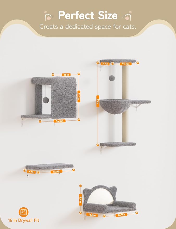 Cat Wall Shelves 5-in-1 Modern Climbing Wall Furniture Set for Cats with Scratching Posts, Cat Bed & Sofa, Space-Saving Perch for 16" Drywall, Light Gray