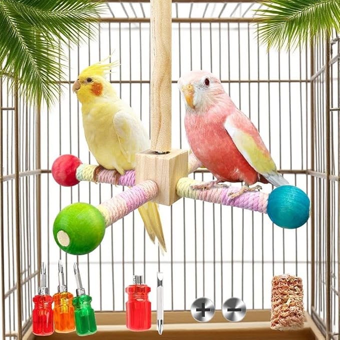 Parakeet Toys, Bird Toy Conure Grass Mat Budgie Shredder Hanging Set Cockatiel Foraging Toys Parrot Climbing WallToy Lovebird Cage Accessories for Small Birds (360 Spinning Toy)