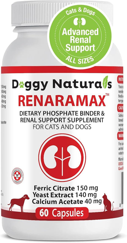RENARAMAX Dietary Phosphate Binder and Renal Support Supplement for Cats and Dogs Count (Made in U.S.A) (60 Caps)