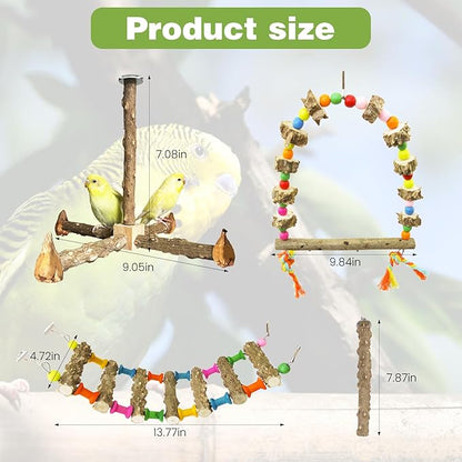 4-Piece Natural Wood Bird Cage Perch Set: Rotating Perch, Swing & Ladder Perfect for Parrots, Parakeets, Cockatiels, Lovebirds, Conures, Budgies, Quakers, and All Small to Medium Birds