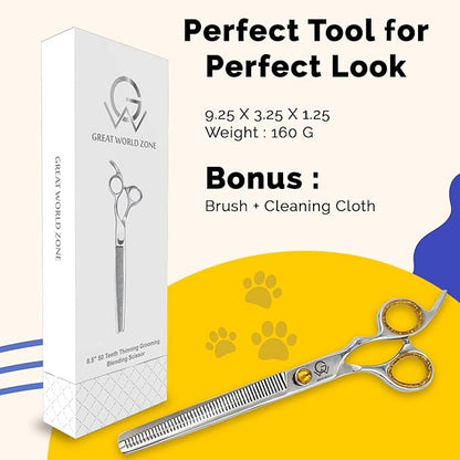 8.5'' Professional Thinning Grooming Scissors for Cats and Dogs, 50-Tooth Blending Shears, Sharp J2 Stainless Steel Blades with Safety Round Tip, Yellow Jeweled Screw, Silver Includes Cleaning Brush.