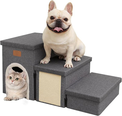 downluxe Dog Stairs for Small Dogs, Foldable Dog Steps for Bed, Sofa and Chair, Non-Slip Pet Steps with Cat Scratcher and Condo (3-Step Pet Stairs, Dark Grey)