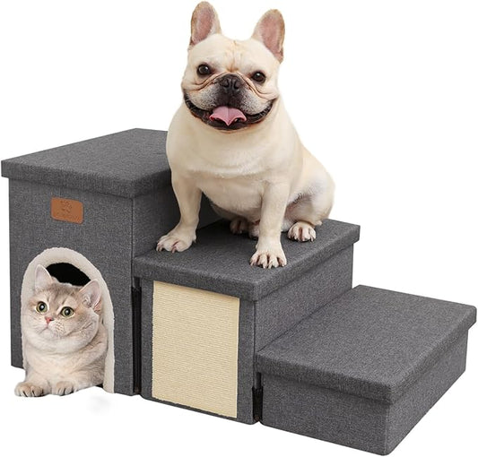 downluxe Dog Stairs for Small Dogs, Foldable Dog Steps for Bed, Sofa and Chair, Non-Slip Pet Steps with Cat Scratcher and Condo (3-Step Pet Stairs, Dark Grey)