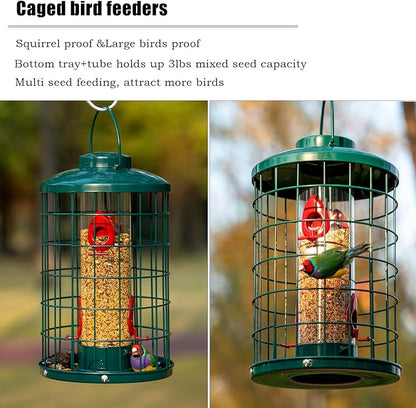 Caged Bird Feeder for Wild Birds Outside, Large Squirrel-Proof Heavy-Duty Metal Hanging Tube Bird Feeder, 4 Feeding Ports, 13.2'' High, 3LB Seed Capacity (Green)