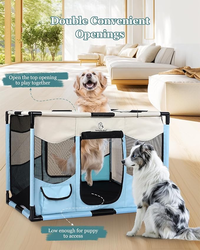 Dog Playpen, Sturdy Puppy Playpens, 39x24x22 Inches Portable Soft Cat Kennel Crate, Indoor & Outdoor Pet Pen with PVC Pipe Frame, Lightweight Cage for Small Animals with Carrying Bag (Blue L)