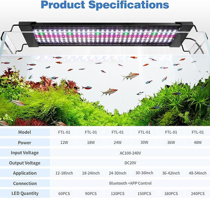 Bluetooth LED Aquarium Light with APP Control, 3 Modes for 48-54 Inch Fish Tank Light with Full Spectrum White Blue Red Green Lights, IP68 Waterproof with Extendable Brackets for Freshwater