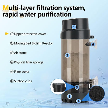 AQQA Aquarium Fluidized Moving Bed Filter,Media Submersible Sponge Filter with Air Stone Ultra-Silence Dissolved Oxygen,Air Pump Accessories,for Fresh Water and Salt-Water (L 15-55 Gallon)