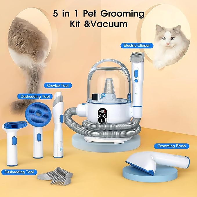 IDEALHOUSE Dog Hair Vacuum and Grooming Kit, 2L Dust Cup with 5 Grooming Tools, High Suction Power for Shedding Pet Hair, Low Noise for Stress-Free Grooming, Home Cleaning, White and Blue