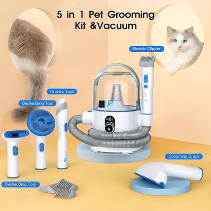 IDEALHOUSE Dog Hair Vacuum and Grooming Kit, 2L Dust Cup with 5 Grooming Tools, High Suction Power for Shedding Pet Hair, Low Noise for Stress-Free Grooming, Home Cleaning, White and Blue