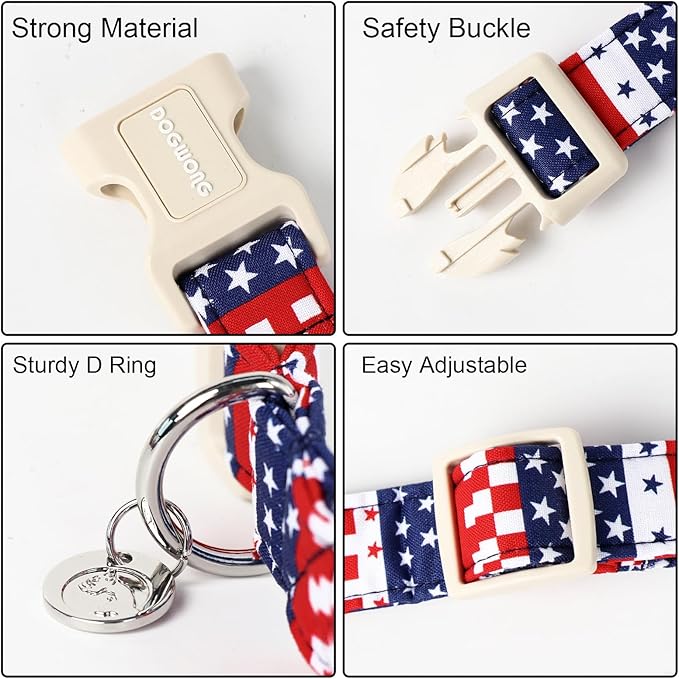 DOGWONG Cotton Dog Collar, Patriotic Dog Collar Durable Soft Natural Fabric Pet Dog Collars Cute Patriotic Puppy Necklace for Small Medium Large Dog