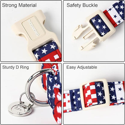 DOGWONG Cotton Dog Collar - 4th of July Durable Soft Natural Fabric Pet Collar, Cute Patriotic Puppy Necklace for Small Medium Large Dogs