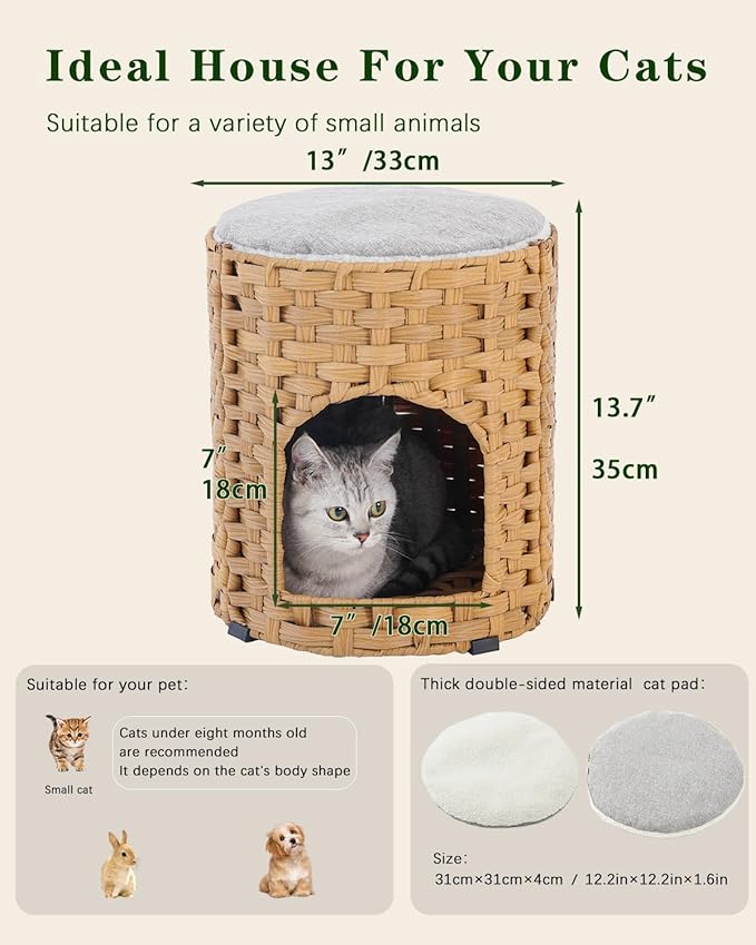 Cat House for Indoor Cat, Small Cat Houses Handwoven PE Rattan Kitten Cave, Pet Kitten Bed Covered, One Bed Pad, 13 x 13 x 13.7 Inches, Foldable Hideaway in Living Room Natural