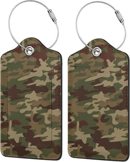 2 Pcs Green Camouflage Luggage Tag for Suitcase, Army Military Camo Tags Birthday Gifts for Men Women Travel Mother's Day Father, Identifiers Privacy Cover ID Label with Steel Loop