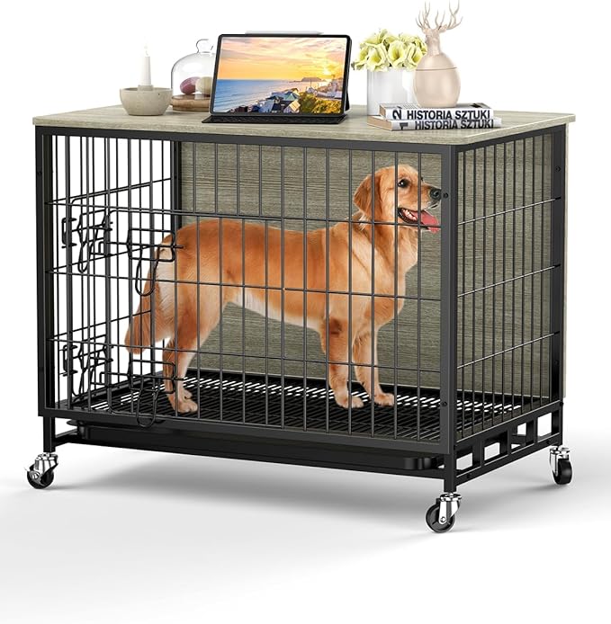 Dog Crate Furniture, 32.5" Wooden Dog Kennel Indoor, Double Doors Dog Cage with Removable Tray, Wheels, Large Dog Crate End Table for Medium/Large Dogs, Grey