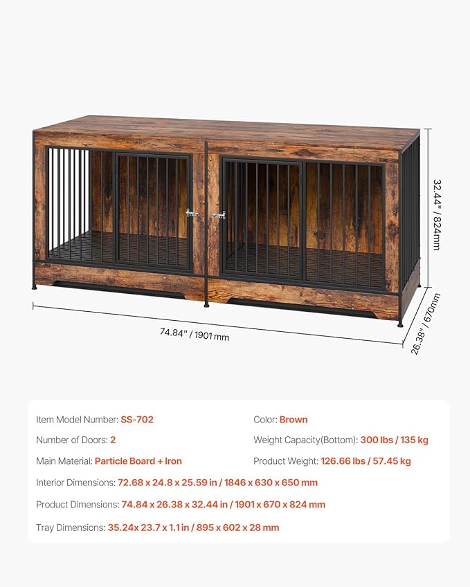 VEVOR 75" Dog Crate Furniture for 2 Dogs,Extra Large Double Dog Crate Furniture Large Breed with Divider & Double Doors,Large Wooden Dog Crate Furniture TV Stand for Medium Large Dogs Brown