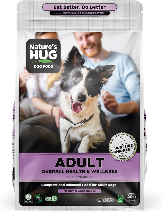 Nature's HUG Dry Dog Food, for Adult-Medium & Large Breeds, 20 lb. Chicken Flavor Plant-Based Protein Vegetarian Kibble, Grain-Free, Allergen-Free, Complete Protein & Balanced Nutrition