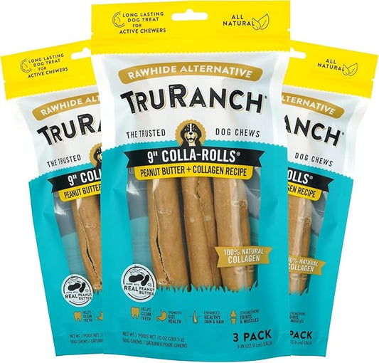 TRURANCH Collagen Rolls - 9" Collagen Rolls for Dogs - Long Lasting Healthy Joint Support - Rawhide Alternative - Skin & Coat Health - Made with Real Peanut Butter, Value Pack, 3 Bags, 9 Count