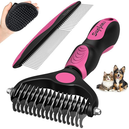 3PCS Dog Grooming Kit I Dog Brush for Shedding I Deshedding Dog Brush I Metal Dog Comb I Dog Bath Brush I Undercoat Rake for Dogs and Cats I Premium Pet Supplies (Pink Black)
