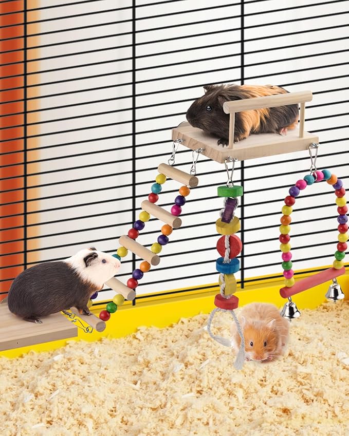 5in1 Bird Parakeet Toys, Detachable Birdie Perches Platform Swing with Climbing Ladder, Parrot Cage Stand Accessories, Wooden Playing Gyms for Conure Cockatiel Lovebird Finch Budgerigar Pigeon
