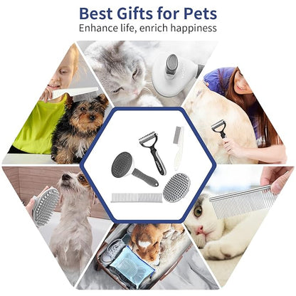 5 in 1 Dog Grooming Kit - Self-Cleaning Slicker Brush for Shedding Short Long Haired Dogs & Cats, Includes Pet Comb, Flea Comb, Bath Brush, Undercoat Rake - Complete Fur Care Set - Gray