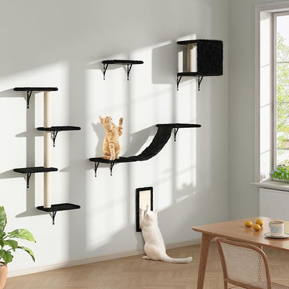 Cat Wall Shelves, Wall Mounted Cat Furniture, Cat Wall Climber with Bridge, Perches, Ledges and Beds, Kitty Jungle Gym for Wall, Set of 5 (Black)