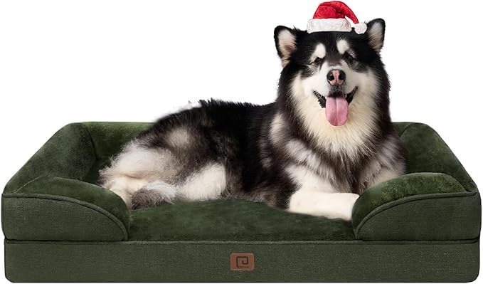 EHEYCIGA Orthopedic XL Dog Beds, Waterproof Memory Foam Dog Bed for Extra Large Dogs, Non-Slip Bottom and Egg-Crate Foam Big Dog Couch Bed with Washable Removable Cover, Dark Green