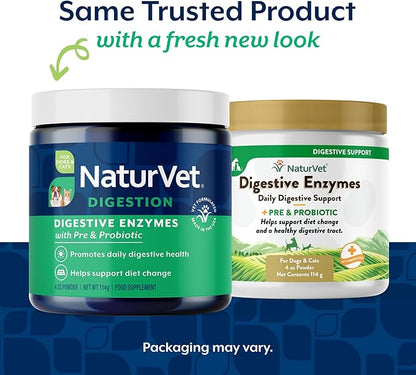 NaturVet  Digestive Enzymes for Dogs - Plus Probiotics & Prebiotics | Helps Support Diet Change & A Healthy Digestive Tract | for Dogs & Cats | 4 oz Powder