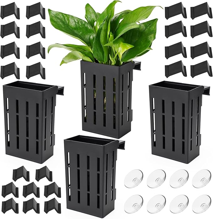 Upgraded Large Aquarium Plant Holder with Hooks and Suction Cups for Fish Tank Aquaponic Plant Cultivation and Aquascape Decorations (Black)