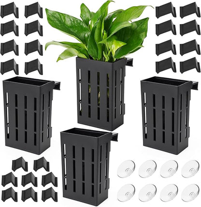 Upgraded Large Aquarium Plant Holder with Hooks and Suction Cups for Fish Tank Aquaponic Plant Cultivation and Aquascape Decorations (Black)