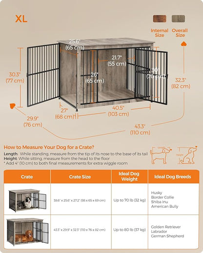 Feandrea Dog Crate Furniture, 43.3" Side End Table, Modern Kennel for Dogs Indoor up to 80 lb, Heavy-Duty Dog Cage with Enclosed Base, Double-Door Dog House, Greige UPFC024G01