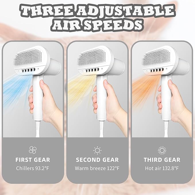 2-in-1 Pet Grooming Dryer and Brush - Overheating Protection, 3 Blowing Modes, Low Noise - Ideal for Small and Medium Dogs/Cats - Slim Handle (White)