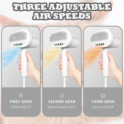 2-in-1 Pet Grooming Dryer and Brush - Overheating Protection, 3 Blowing Modes, Low Noise - Ideal for Small and Medium Dogs/Cats - Slim Handle (White)