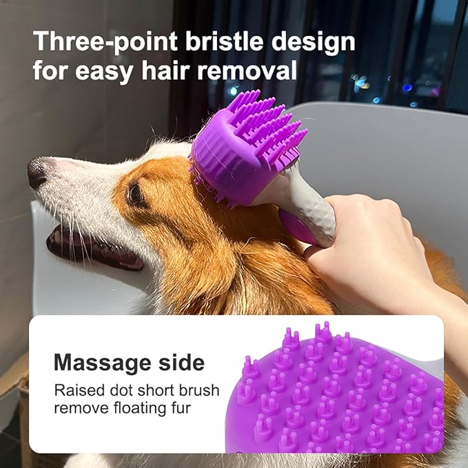 2 in1 Silicone Dog Cat Bath Brush, Pet Shampoo Brush Scrubber Massage Dispenser, Soft Silicone Grooming Shower Brush for Short Long Haired Dogs and Cats Washing (Purple)