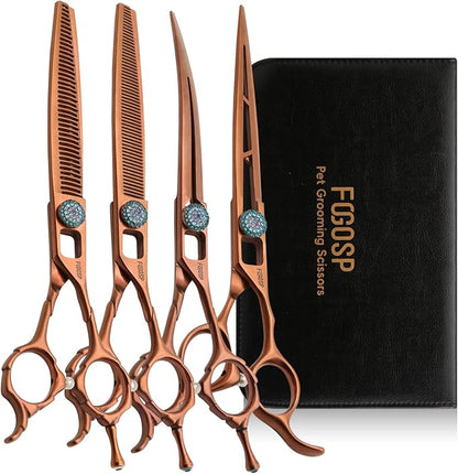 7'' Dog Grooming Scissors Set 4PCS Curved Thinning Straight Chunkers Shears Kit with Hollow Out Design Ergonomic Offset Handle High Cobalt Alloy Steel Sharp and Durable(7, Chocolate Kit)