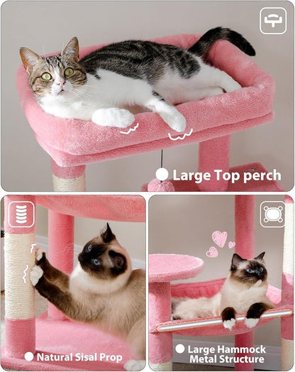 Cat Tree for Large Cats with Metal Plush Big Hammock, 56.3" Cat Tower for Indoor Cats with 2 Door Condo House, 6-Tier Cat Shelves with Scratching Posts and Large Top Perch, Pink