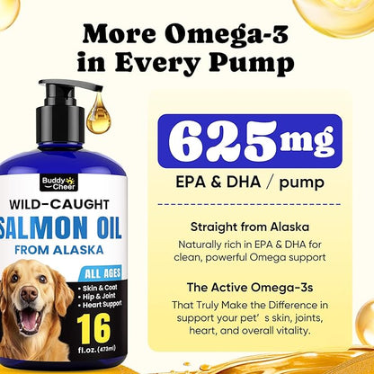 Wild Alaskan Salmon Oil for Dogs & Cats – Fast-Absorbing Fish Oil for Dogs with Krill Oil, Omega 3 6 9 Fish Oil Supplement from 8 Deep Sea Fishs for Skin, Coat, Joints & Heart -16oz (90 Day Supply)