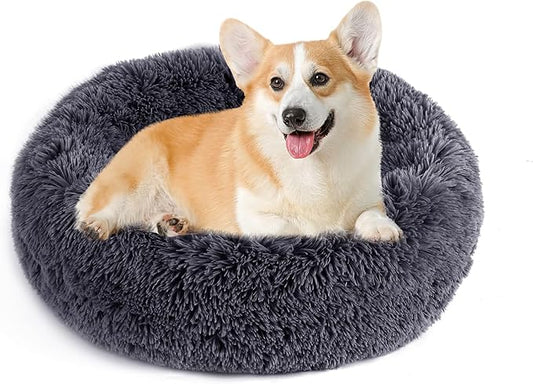 NOYAL Calming Donut Dog Bed for Small to Medium Dogs & Cats - Plush Faux Fur Anti-Anxiety Pet Bed with Machine Washable Cover & Non-Slip Base