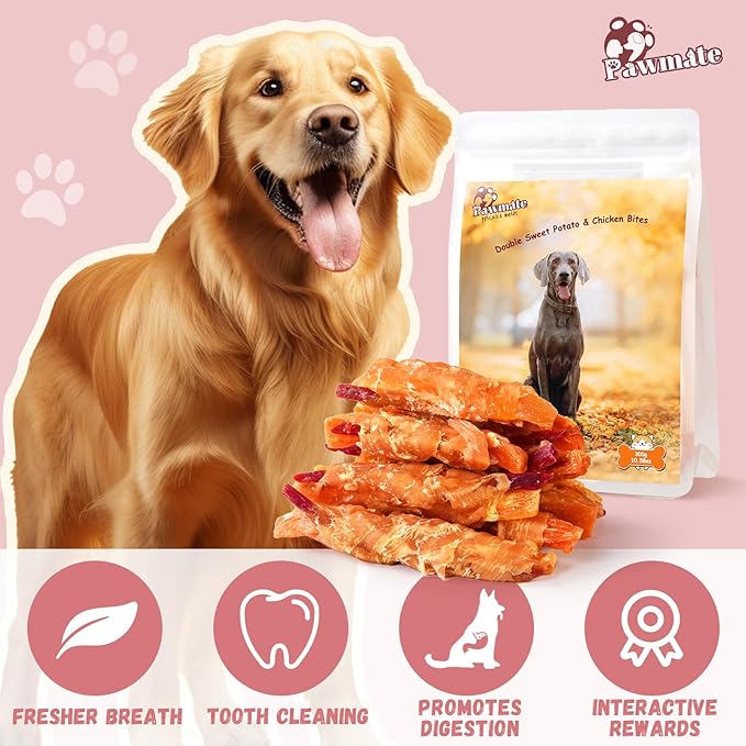 Dog Treats Double Sweet Potato & Chicken Wraps, Healthy Chicken Jerky Dog Chews High Protein Low Fat, Chewy Training Snacks for Small Medium Large Dogs, 12-15 Counts