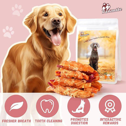 Dog Treats Double Sweet Potato & Chicken Wraps, Healthy Chicken Jerky Dog Chews High Protein Low Fat, Chewy Training Snacks for Small Medium Large Dogs, 12-15 Counts
