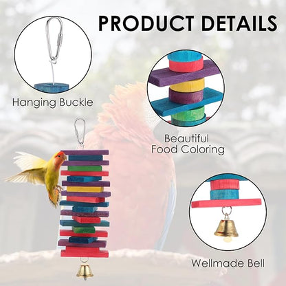 4 Pcs Parrot Toys, Birds Toys with Multicolored Natural Wood Blocks, Bird Chew Toys with Hook and Bell, Bird Cage Toys for Conures, Parakeets, Cockatiels, Lovebirds, African Grey Macaws, 2 Designs